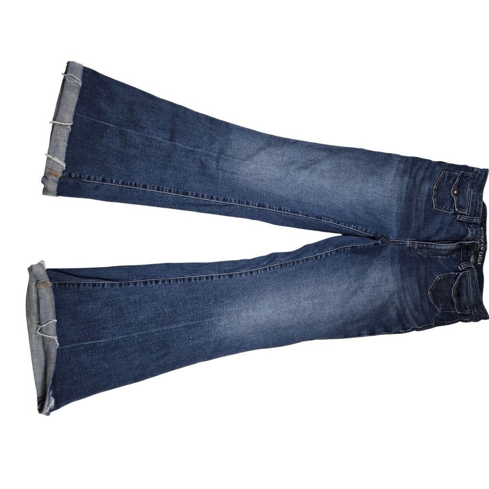 American Eagle High Waisted‎ Flare Jeans Blue Raw Hem Medium Wash Denim Pants 12
